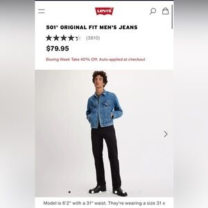 501® ORIGINAL FIT MEN'S JEANS . Black. New 31/30